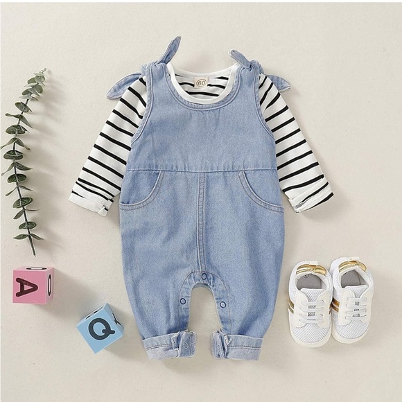 Saeaby Denim Jumpsuit Romper Overalls w/ Black & White Striped Shirt - 6-12M - Picture 1 of 15